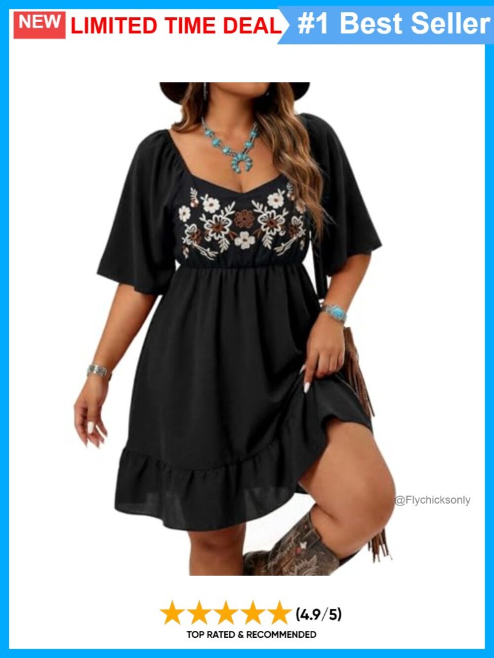 Boho Embroidered A-Line Dress Flowy Cowgirl Country Concert